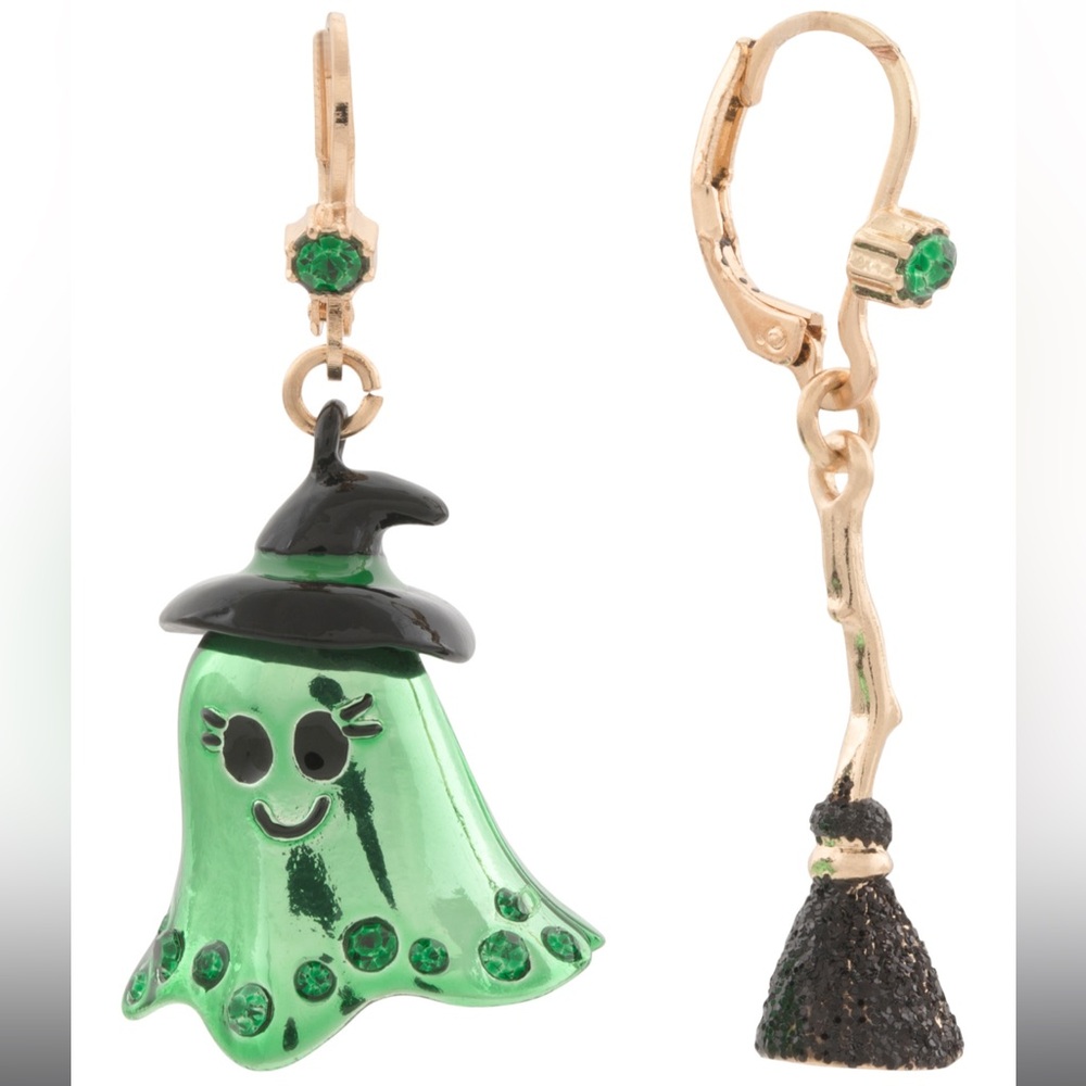 NIB Betsey Johnson Crystal Ghost Witch Broom Mismatch Earrings